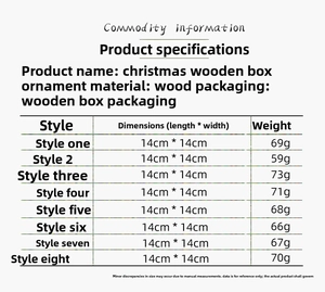 Detailed size chart for Christmas wooden box pendants with weights and dimensions