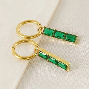 18K gold plated stainless steel hoop earrings with three rectangular green emerald zircons