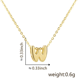 Detail showing letter W pendant dimensions 0.33 inch and 0.6g weight on gold necklace