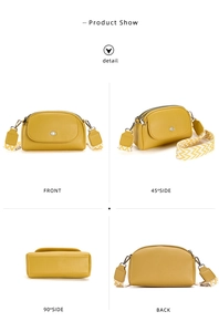 Multi-angle views of a vibrant yellow lychee grain crossbody bag with a wide woven strap