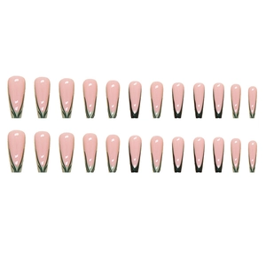 Long ballerina press-on nails featuring nude pink base and green V-shape French stripes