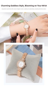 Dettaglio dell'orologio al quarzo da donna in oro rosa con decorazioni in cristallo