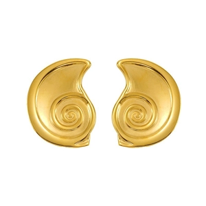 Macro shot of gold nautilus shell earrings with irregular texture and metallic luster