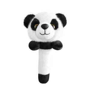 Plush panda handheld rattle toy for infants with soft black and white fur and easy-grip handle
