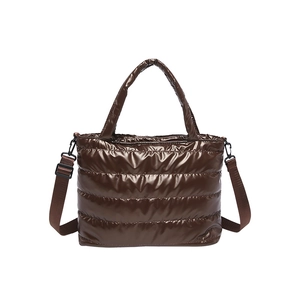Brown quilted nylon puffer tote bag with glossy finish and detachable shoulder strap