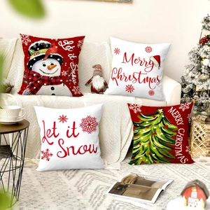 Federa Per Cuscino Natalizia Stampa Pupazzo Di Neve Albero Di Natale Poliestere Trama Lino Decorazione Casa