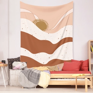 Detail of bohemian tapestry featuring abstract earth tone patterns in a cozy bedroom