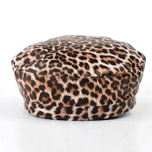 Classic leopard print PU flat top military beret hat with stylish brown and black patterns
