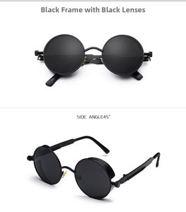 Macro detail of retro steampunk round sunglasses with black metal frame and spring hinges