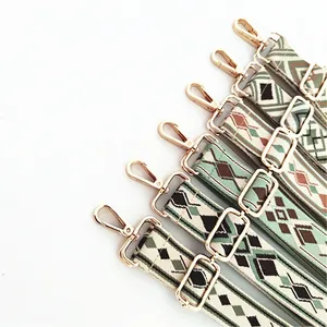 Close-up of geometric ethnic pattern woven shoulder straps with gold metal hooks