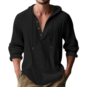 Detailed shot of men's black linen hoodie shirt featuring wood buttons and drawstring