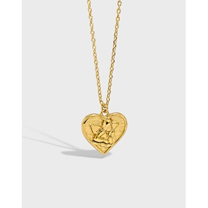 925 Sterling Silver Angel Heart Pendant Necklace Retro Cupid Relief Coin Clavicle Chain Jewelry For Women