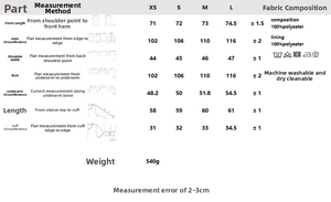 Size chart for vintage double-breasted blazer and shorts set with measurement details