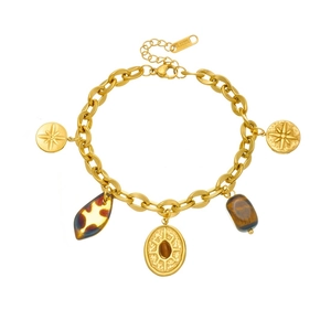 Gold-plated stainless steel chain bracelet with star and leopard print pendants