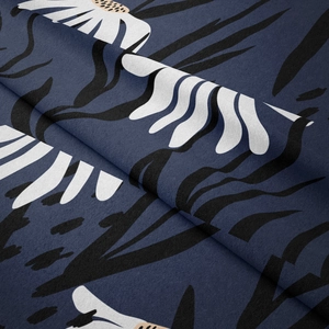 Close-up of bohemian navy floral tapestry with soft texture and white daisy pattern