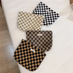 Bolsa de Cosméticos de Pana con Tablero de Ajedrez Mujer Bolso de Mano Cuadrado Vintage Cremallera Gran Capacidad Neceser Maquillaje