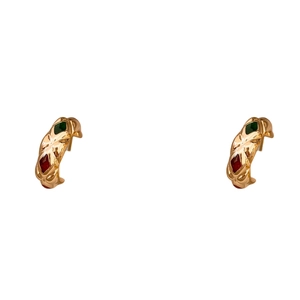 Vintage gold hoop earrings with rhombus texture and red green enamel inlay on white background