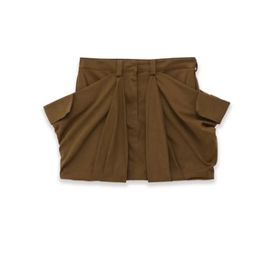 Women Cargo Mini Skirt Twill Polyester Mid Waist Coffee Solid Color Large Pockets Pleated Streetwear
