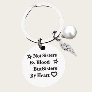 Porte-clés sœur en argent avec gravure de cœur, perle et breloque aile d'ange