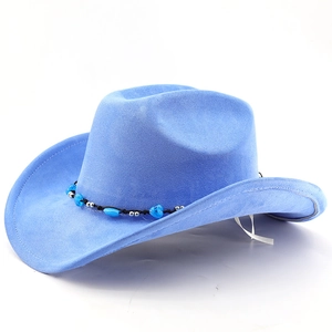 Close-up of blue suede cowboy hat with ethnic beaded band and metallic accents