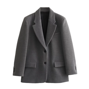 Women's dark grey wool blazer with shoulder pads and double-button closure in a straight fit