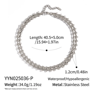 Detailed view of silver stainless steel geometric staircase chain necklace with dimensions