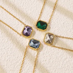 Minimalist gold necklaces set with square emerald-cut pendants in four elegant colors