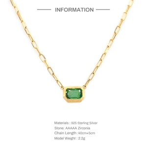 925 silver paperclip chain necklace with emerald green zircon geometric pendant