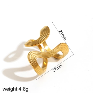 Detailed view of 18k gold plated irregular wave ring showing 27mm width and 21mm height