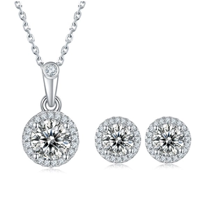 Classic round cut moissanite halo necklace and earrings set in s925 sterling silver