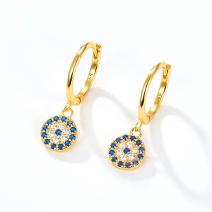Gold-plated S925 sterling silver hoop earrings with blue and white evil eye charm
