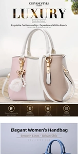 Detail of tricolor leather handbag showing pink, white and khaki panels with pearl chain