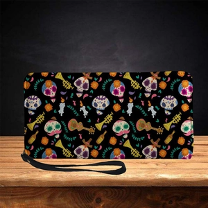 Minimalist Day of the Dead skull print clutch bag with guitar and marigold patterns