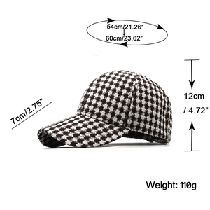 Classic black and white houndstooth knit baseball cap with size dimensions and measurements