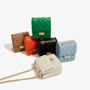 Collection of quilted PU leather flap bags with gold chain straps in six vibrant colors