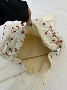 Chic corduroy tote bag with strawberry prints and spacious interior view