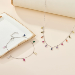 Elegant S925 sterling silver colorful pear-cut zircon necklace and bracelet jewelry set