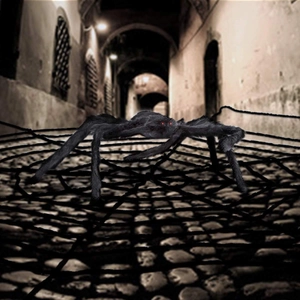 Giant black furry spider on a web in a dark alley for Halloween spooky atmosphere