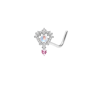 Piercing naso a L in argento con pietra di luna, zirconi e pendente a cuore rosa