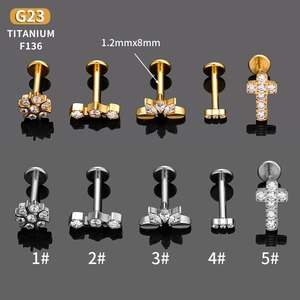 G23 titanium labret studs with zircon in flower and clover shapes, 1.2mm x 8mm size
