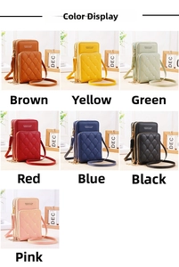 Detail showing seven available colors of quilted PU leather mini crossbody phone bags