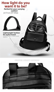 Detail of lightweight black pebbled leather backpack showing texture and zip closure