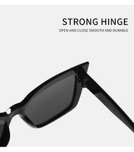Detail view of strong hinges on oversized square cat eye sunglasses for smooth opening