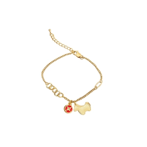 Golden pearl bracelet with zircon pony, red enamel coin, and puppy pendant on white background