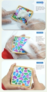 Three-step guide for DIY mosaic bamboo coaster kit showing filling and cleaning