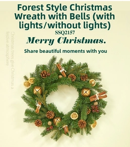 Detail of 40cm forest style Christmas wreath with pine cones and metal bells