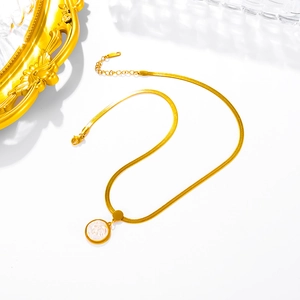 18K gold plated titanium steel necklace featuring a pleated round pearl pendant on snake chain