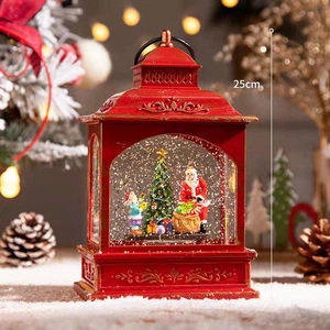 Red vintage train lantern with 25cm height featuring Santa Claus and Christmas tree scene