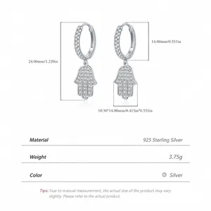 Boucles d'oreilles Main de Fatma en argent 925 avec zircones et mesures détaillées