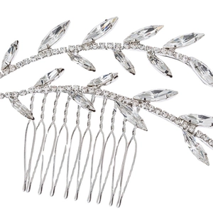 Silver bridal hair comb featuring sparkly leaf-shaped crystals on a polished metal base